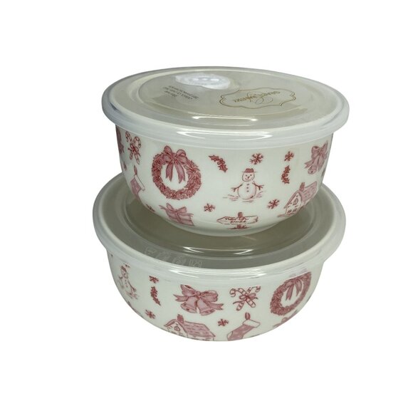 Grace Teaware Ceramic Bowl Set w/ Lids Holiday Themed Design Red Toile - Picture 1 of 6